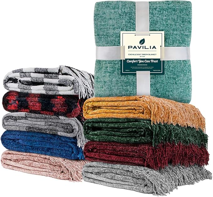Pavilia Blue Throw Blanket, Twin Size, Chenille, Knit Woven with Tassel, Decorative Textured, 60x80