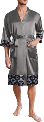 Ekouaer Mens Satin Robe Lightweight Silky Kimono Bathrobe 3/4 Sleeve Spa Knee Length Loungewear with Pockets S-3XL