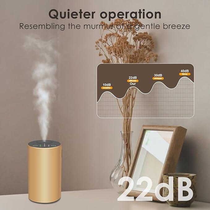 Waterless Essential Oil Diffuser, Battery Powered Mini Scent Air Machine, Aromatherapy Mist Diffuser for Home Room Car Office (Gold Aluminum Alloy)