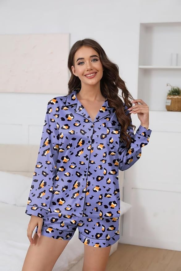 Ekouaer Satin Pajama Set for Women Button Down Pj Set Long Sleeve Top and Shorts 2 Piece Loungewear Summer Soft Sleepwear