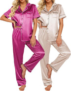 Ekouaer Satin Pajamas Set Women Short Sleeve Sleepwear Soft Button Down Loungewear Pjs Set