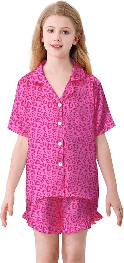 Umeyda Girls & Women Satin Pajamas Set Button Down 2 Piece Silk Pjs Shorts Set Ruffle Sleepwear, 5 Years-Women L