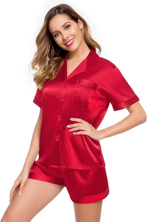 LecGee Womens Silk Satin Pajamas Short Sleeve Loungewear Two-Piece Sleepwear Button-Down Pj Set