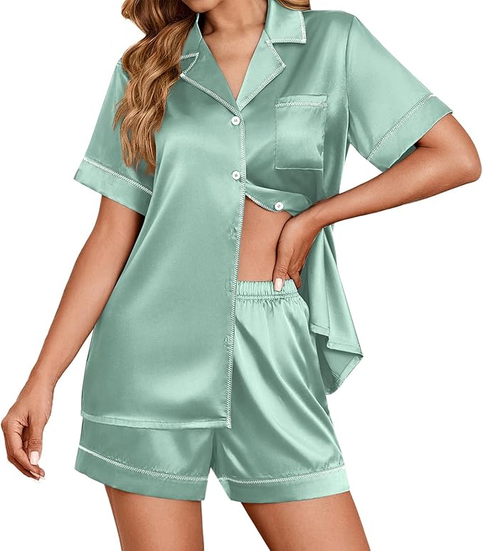 Ekouaer Womens Satin Silk Pajamas Set Short Sleeve Sleepwear Button Down Top and Shorts Loungewear 2 Piece Pjs Set S-XXL