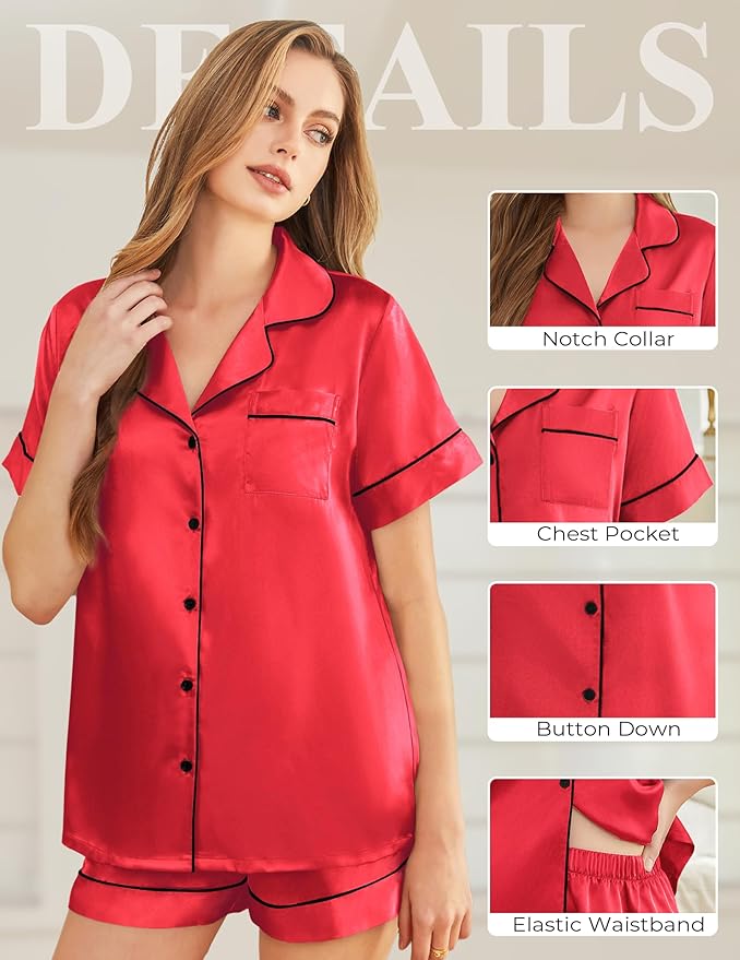 Silk Pajamas for Women Short Sleeve Sleepwear Soft Button Down Loungewear 2 Piece Satin Pjs Shorts Set S-XXL