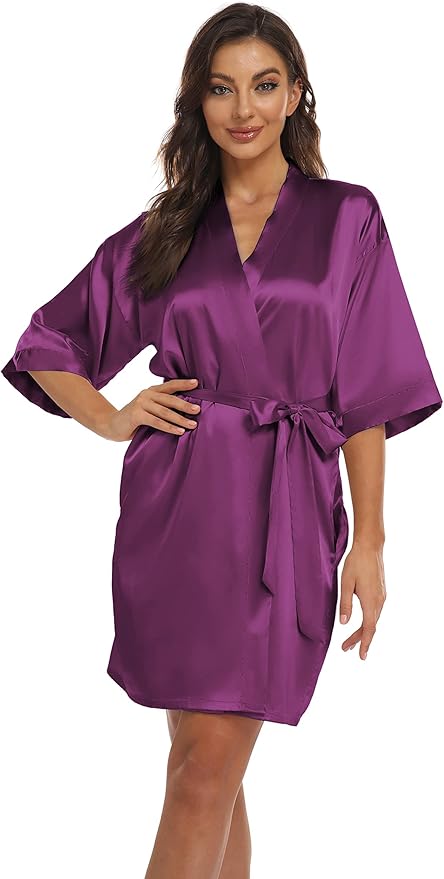 Women's Pure Short Kimono Robes Bride Bridesmaids Silky Bathrobe Lightweight Satin Sleepwear