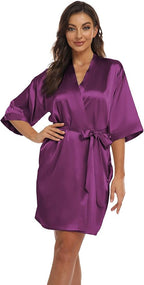 Women's Pure Short Kimono Robes Bride Bridesmaids Silky Bathrobe Lightweight Satin Sleepwear