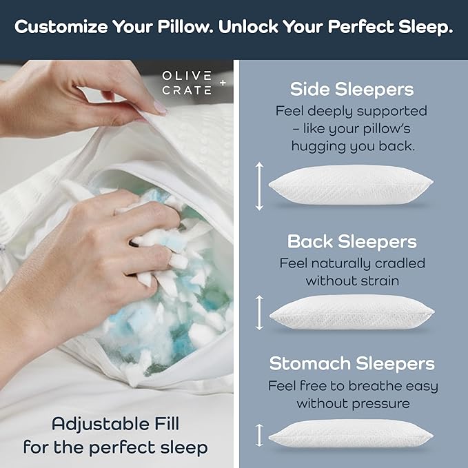 Olive + Crate BreathePure™ Adjustable Cooling Shredded Memory Foam Pillow - Breathable Bamboo Viscose Cover for Temperature Control - Gel Pillows for Side Sleepers - Queen Size