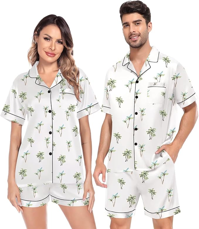SWOMOG Satin Matching Pajamas Sets Couple Silk Button Down Nightwear Women & Men Short Sleeve Sleepwear 2 Pieces Loungewear