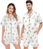 SWOMOG Satin Matching Pajamas Sets Couple Silk Button Down Nightwear Women & Men Short Sleeve Sleepwear 2 Pieces Loungewear