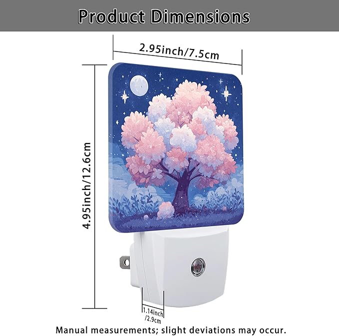 Cherries Blossom Night Lights Plug Into Wall, Night Fanciful Moon Stars Spring Peach Smart Led Plug in Lights for Wall Socket for Bathroom Closet Laundry Room Decor 1pcs