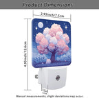 Cherries Blossom Night Lights Plug Into Wall, Night Fanciful Moon Stars Spring Peach Smart Led Plug in Lights for Wall Socket for Bathroom Closet Laundry Room Decor 2pcs