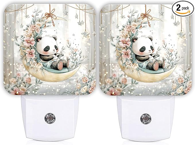 Panda Night Lights Plug Into Wall, Cute Fanciful Moon Flowers Spring Pastel Peach Smart Outlet Plug in Led Night Light Lamp for Guest Room Basement Office Decor 2pcs
