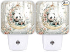 Panda Night Lights Plug Into Wall, Cute Fanciful Moon Flowers Spring Pastel Peach Smart Outlet Plug in Led Night Light Lamp for Guest Room Basement Office Decor 2pcs