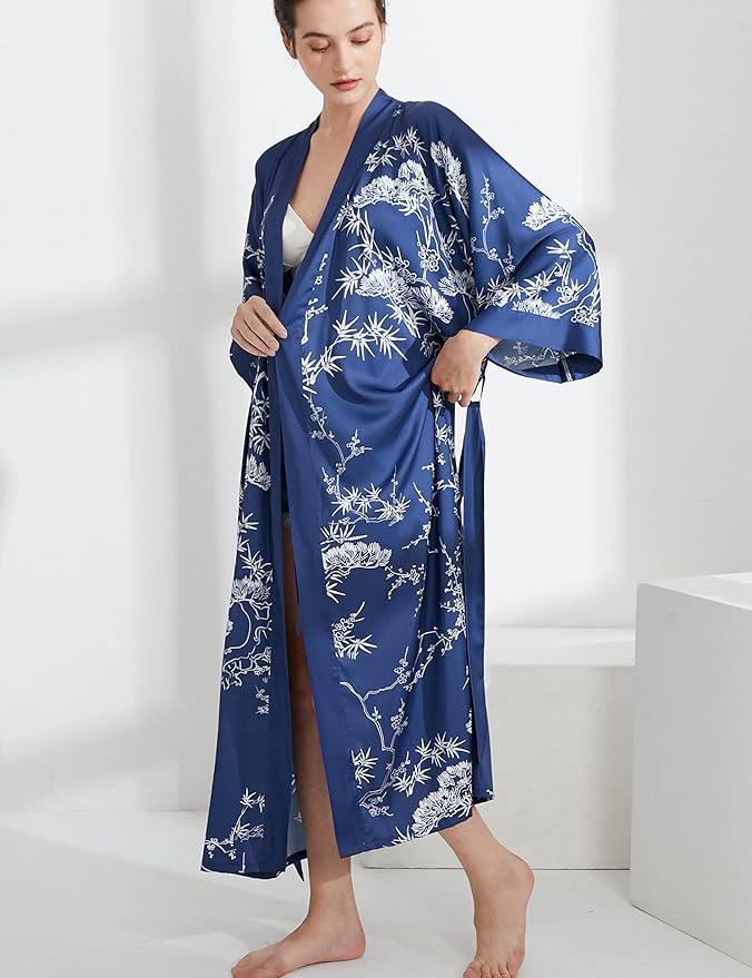 Aensso Long Soft Lightweight Silky Kimonos Robes for Women, Luxury Japanese Floral Womens Kimono Robe