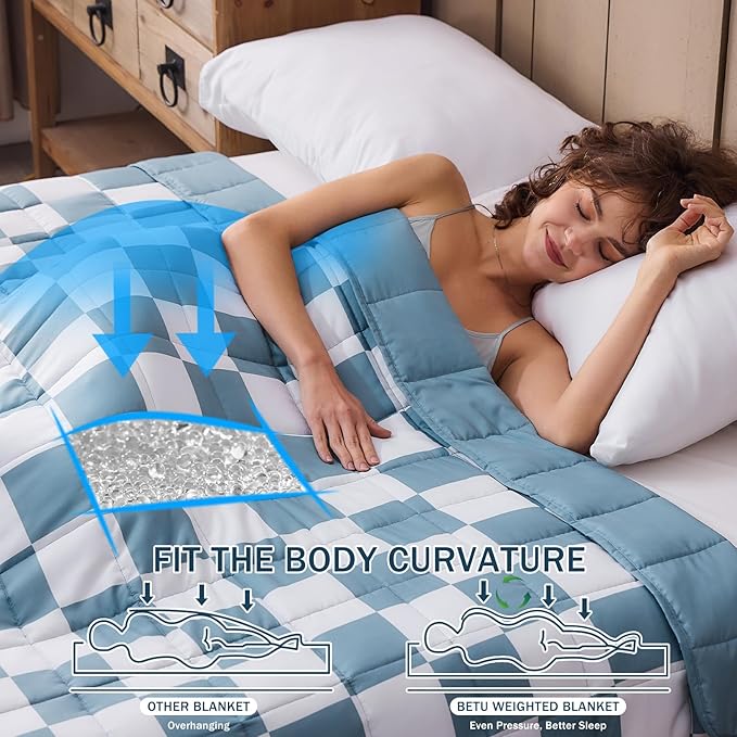 Blue Checkered Weighted Blanket for Adults 20lbs, 60"x80" Queen Size, Cooling Heavy Blanket for 130-220lbs with Premium Glass Beads, Soft Thick Big Blankets for All-Season Sleeping Comfort Breathable