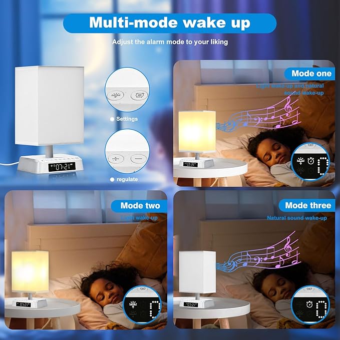 Sunrise Alarm Clock Wake Up Light - 3 Color LED with Sound & Light Awakening, Bioclock Adjustment & APP Control, Square Linen Shade for Bedroom Bedside