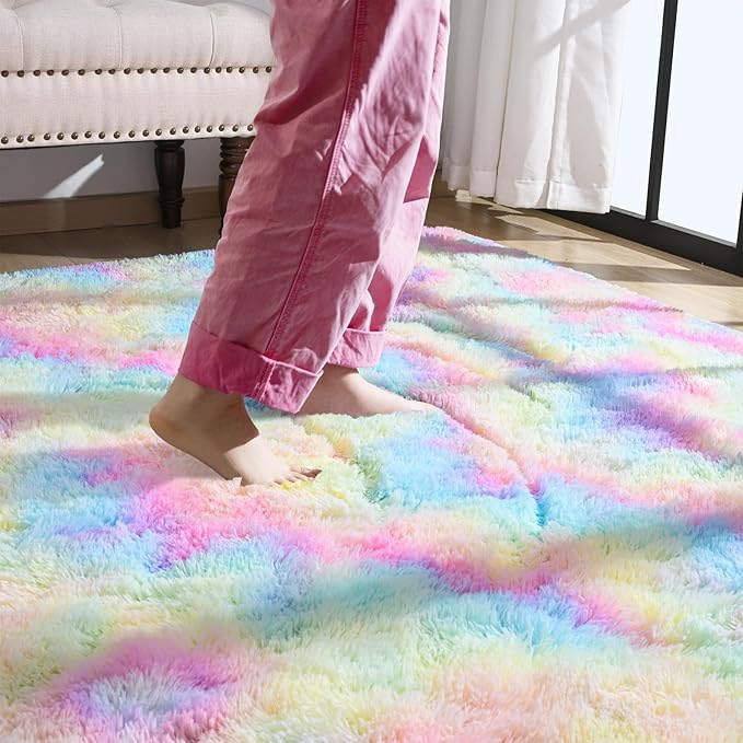 Softlife Area Rug for Bedroom, Fluffy Shag Plush Tie Dyed Rainbow Rugs for Living Room Girls, Shaggy Throw Carpet for Kids Soft Fuzzy Runner Small 2x6 Runners for Hallways Dorm