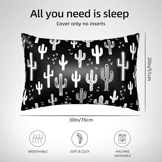 1 Pack Satin Pillowcase for Hair and Skin Funny Black and White Cactus Imitation Silk Pillowcase with Hidden Zipper Soft Breathable Smooth Cooling Pillow Cover Queen Size for Bedroom Sofa 20”x30”