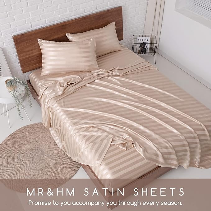 MR&HM Satin Bed Sheets, Full Size Sheets Set, 4 Pcs Silky Bedding Set with 15 Inches Deep Pocket for Mattress (Full, Champagne Striped)