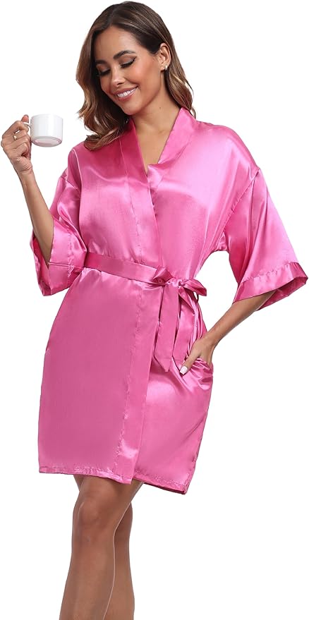 Women's Short Satin Robes Silky Bathrobe Bridesmaid Sleepwear for Wedding Party Getting Ready Solid Color