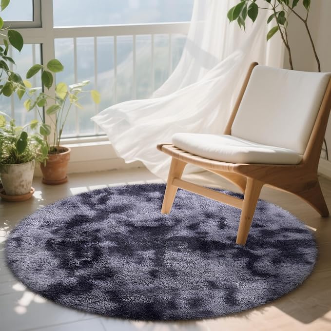 OLANLY Light Grey Tie-dye Round Rugs for Bedroom - Machine Washable, 4x4 Feet Circle Area Rugs for Living Room, Soft and Fluffy Shaggy Carpet for Teen Girls and Boys, Dorms, Home Decor Aesthetic