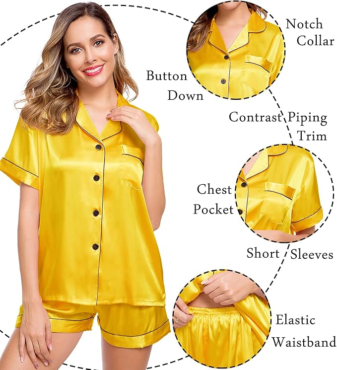 LecGee Womens Silk Satin Pajamas Short Sleeve Loungewear Two-Piece Sleepwear Button-Down Pj Set