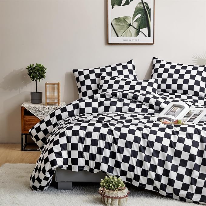 CLOTHKNOW Black White Plaid Queen Comforter Set Grid Bedding Comforter Sets Soft Checker Geometric Queen Comforter with 2 x Pillow Cases