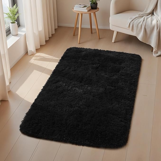 Macgace Small Throw Rugs for Bedroom, 2x3 Black Mini Non-Slip Area Rug, Super Soft Plush Fluffy Carpet Modern Home Decor Aesthetic for Entryway Entrance Nursery Kids Room Dorm Office