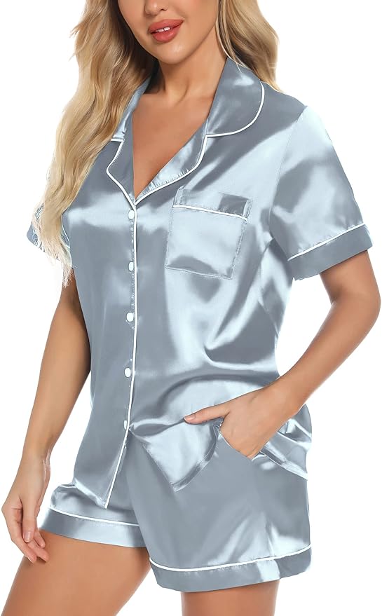 Samring Women's Silk Satin Pajamas Set Short Sleeve Sleepwear Two Piece Button Down Pj Set with Pockets S-XXL