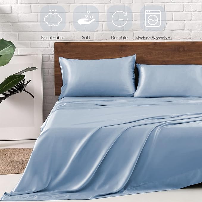 MR&HM Satin Bed Sheets with Elastic Corner Straps, Full Size Sheets Set, 4 Pcs Silky Bedding Set with 15 Inches Deep Pocket for Mattress (Full, Blue Haze)