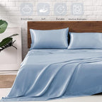 MR&HM Satin Bed Sheets with Elastic Corner Straps, Full Size Sheets Set, 4 Pcs Silky Bedding Set with 15 Inches Deep Pocket for Mattress (Full, Blue Haze)