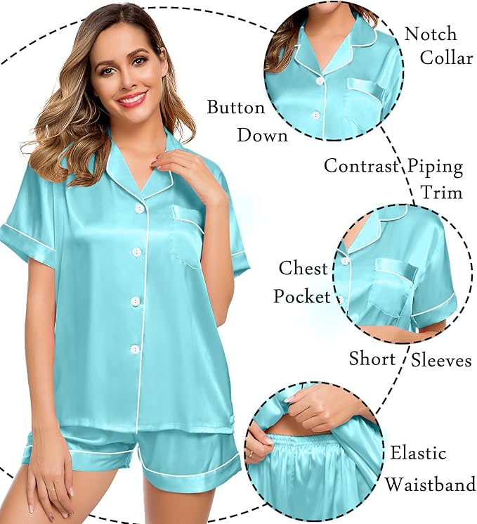 LecGee Womens Silk Satin Pajamas Short Sleeve Loungewear Two-Piece Sleepwear Button-Down Pj Set