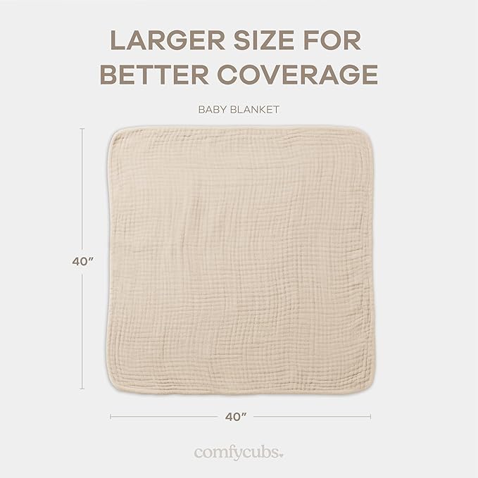 Comfy Cubs Muslin Baby Blanket - Soft, Lightweight, 6-Layer Cotton Swaddle Blankets for Newborns, Infants & Toddlers - 40" x 40" Large, Breathable & Versatile for Sleeping & Tummy Time - Sand