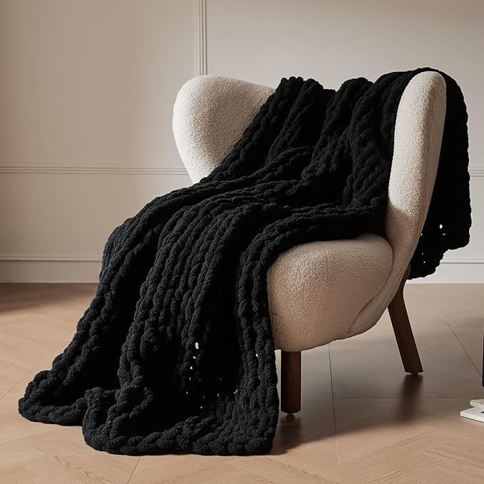 WESHIONGOO Chunky Knit Blanket Throw 51"×63" Knitted Throw Blankets for Couch Bed Fluffy Soft Blanket with Jumbo Chenille Yarn Thick 100% Handmade (Black)
