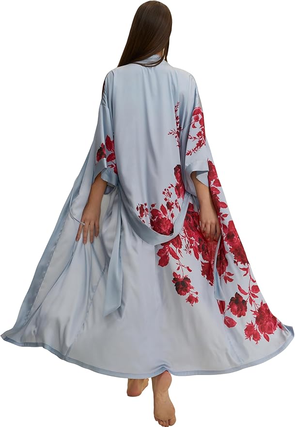 Kihnop Women's Floral Long Kimono Robe Long Satin Robe Long Silk Robe Ladies Kimonos Silky Bathrobe Cover Up, One Size