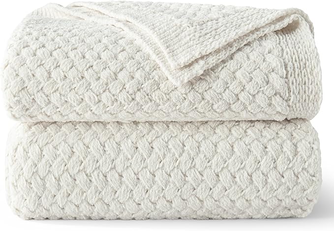 Whale Flotilla Chunky Knit Throw Blanket for Couch and Bed, Ivory Decorative Cozy Fleece Blanket, Reversible Soft Fuzzy Woven Throws, 50x60 Inch