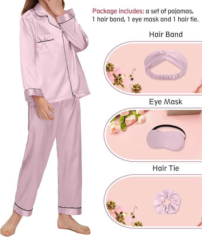 EPLAZA Kids Satin Pajamas Sets Girls Boys Button-Down Silky Pajamas Sleepwear with Hairband Eye Mask Hair Tie