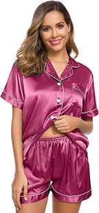 SWOMOG Womens Silk Satin Pajamas Set Short Sleeve Sleepwear Button Down Top and Shorts Loungewear 2 Piece Pjs Set XS-3XL