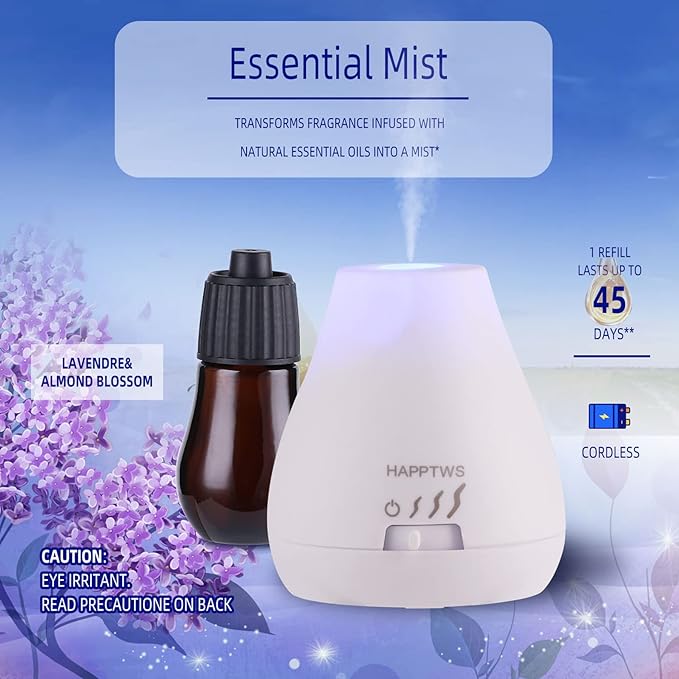 HAPPTWS Essential Oil Diffuser - Waterless Diffuser 3 Timer Settings Battery Powered for Bedroom Yoga Room Toilet Pet Room White