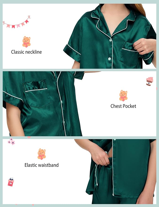 EPLAZA Kids Satin Pajamas Sets Girls Boys Button-Down Silky Pajamas Sleepwear with Hairband Eye Mask Hair Tie