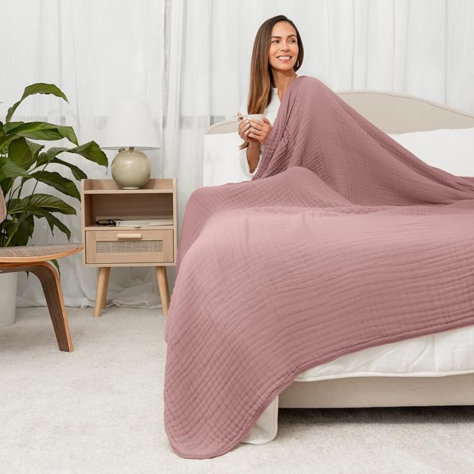 Comfy Cubs Muslin Blanket for Adults Queen 90" x 90" - 6 Layer Soft, Breathable & Lightweight Muslin Adult Blanket - Machine Washable & Designed in The US Bedding for All Seasons - Mauve
