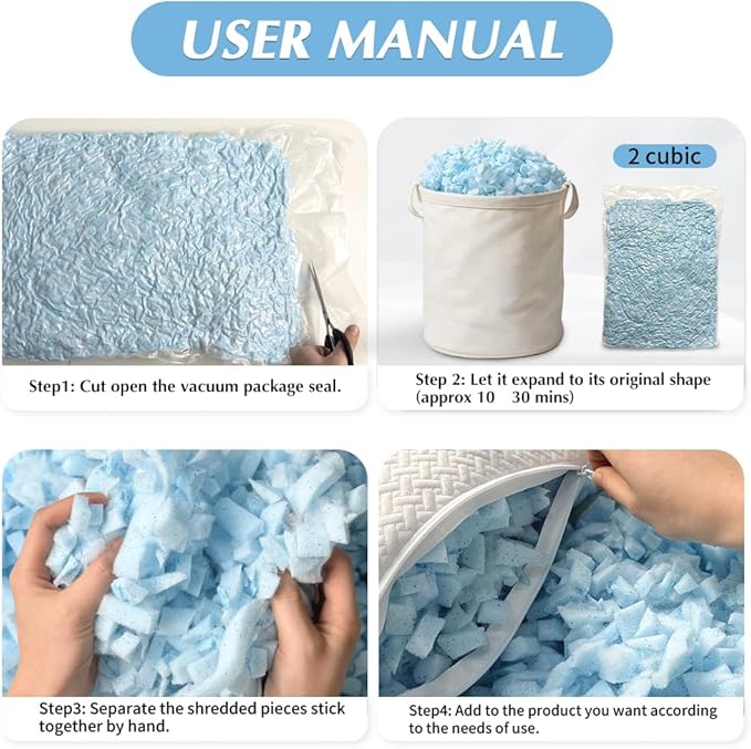 10lbs Pillow Stuffing, Shredded Memory Foam and Polyfill Filling, Adjustable Bean Bag Filler Replacement for Couch Cushion, Comfortable Support for Kids Sleep