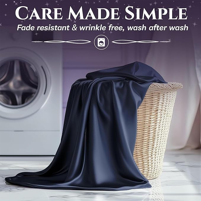 SLEEP SANCTUARY Satin Sheets Queen Size – 4 Piece Luxury Silky Bed Set, Softer Than Silk, 15" Deep Pocket, Cooling & Wrinkle-Free, Moisture-Wicking & Breathable for Hair & Skin (Navy Blue)