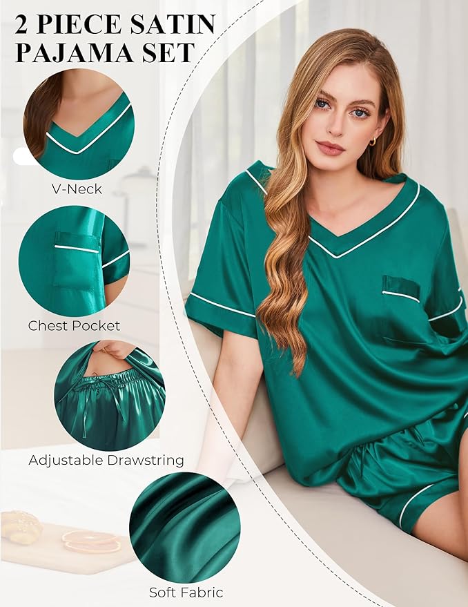 Silk Pajamas for Women Short Sleeve Satin 2 Piece Pj Set Soft V Neck Sleepwear Loungewear, S-XXL