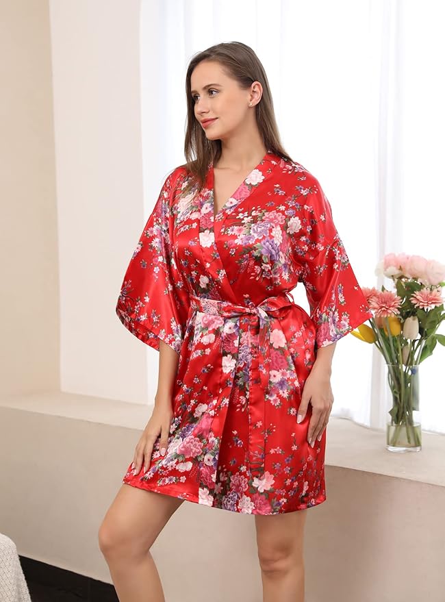 QXQTER Peony Floral Silky Satin Robe Wedding Bridal Party Bride Bridesmaid Robes for Women Dressing Gown Kimono Robe