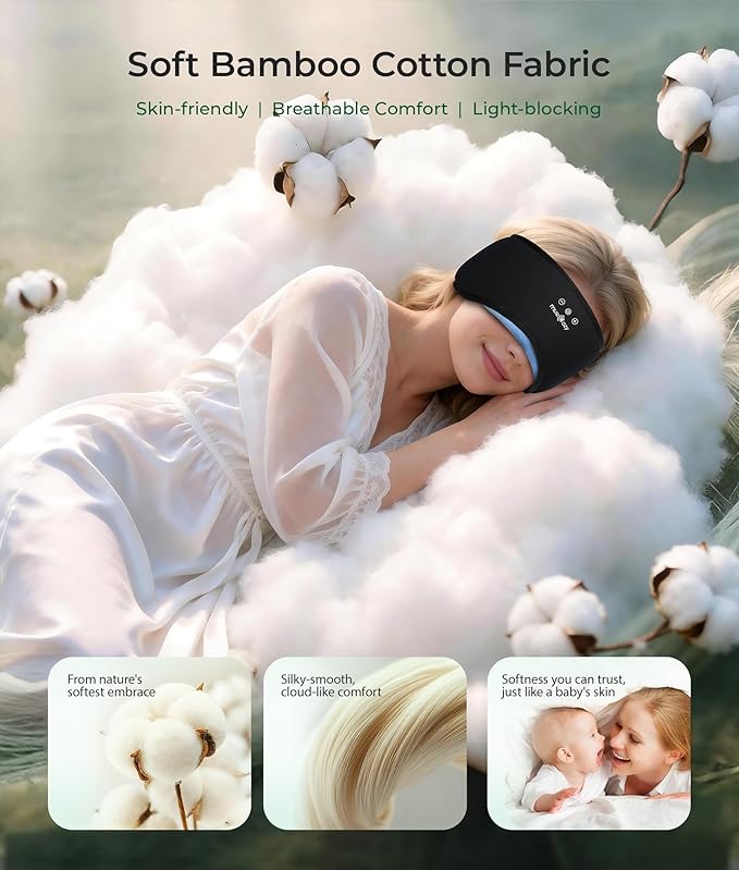 MUSICOZY Sleep Headphones Eye Mask Bluetooth 5.4, Bamboo Cotton Full Coverage Headphones Headband for Side Sleepers, Wireless Earphones with Speaker Sleep Music Earbuds for Men Women (Classic Black)