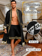 ChiaoLezhee Men's Luxury Silky Robe & Shorts Set, 2PC Lightweight Satin Pajamas with Pockets, Opulent Baroque Kimono Gifts