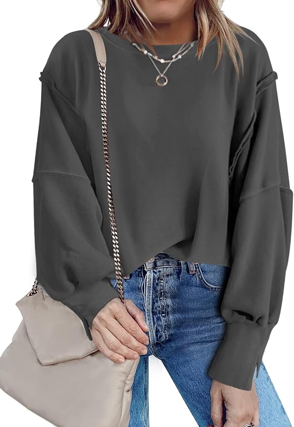 Nirovien Womens Oversized Crewneck Sweatshirt Side Slit Long Sleeve Pullover Slouchy Fit Tops