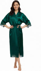 Long Satin Robes for Women Ankle Length Kimono Robes Silky Bridal Party Robes with Lace Trim Bridesmaid Loungewear Sleepwear